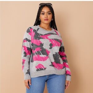 Brodie Fine Cashmere Camo Stylish Gray Metallic and Pink Women's Sweater Large